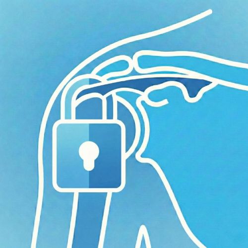 Illustrazione concettuale di una spalla con un grosso lucchetto chiuso sovrapposto all'articolazione, a rappresentare visivamente la rigidità estrema e il blocco del movimento caratteristici della spalla congelata.